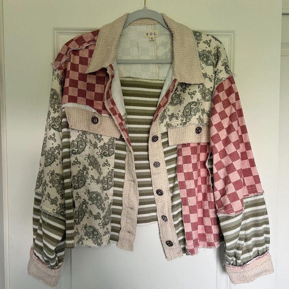 POL Patchwork Pink, Cream & Green Button-Up Jacket - Picture 2 of 6